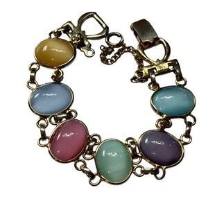 Vintage‎ Bracelet Pastel Acrylic Cabochon Scarab Style w/ Safety Chain Gold Tone